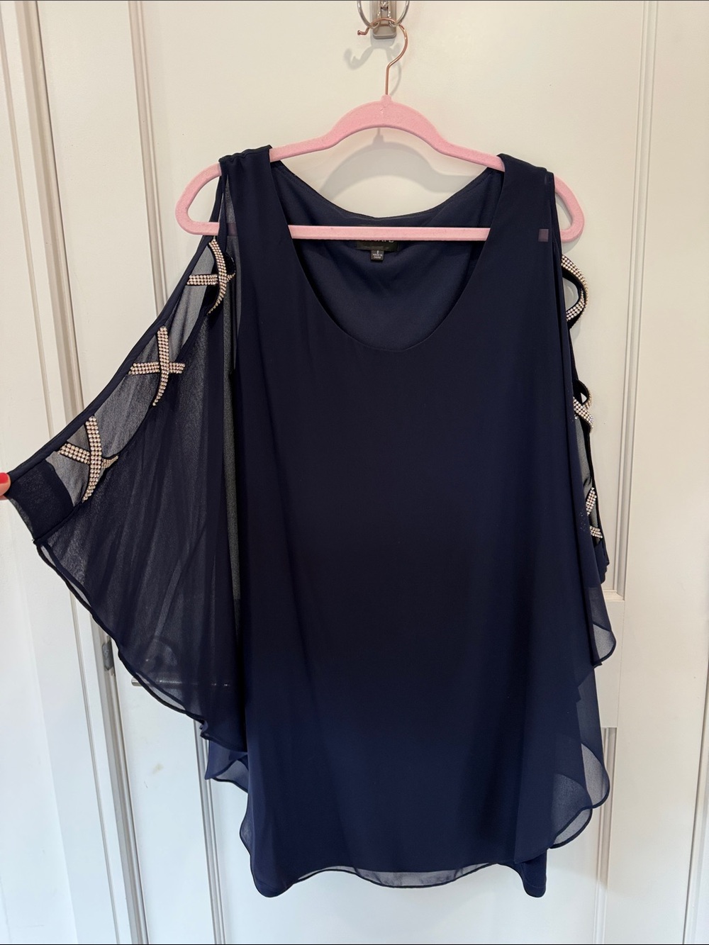 Xscape Navy Sheer Beaded Dress